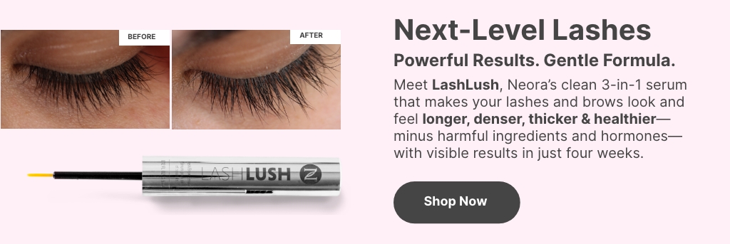 Before and after image using Neora’s LashLush 3-in-1 Brow and Lash Serum 