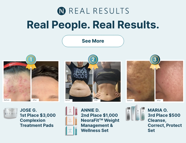 New 90-Day Challenge Winners showing Real Results from using Neora’s Complexion Treatment Pads, NeoraFit Weight Management & Wellness Set and the Cleanse, Correct, Protect Set